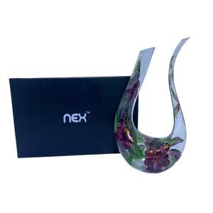NEX Glass Hand Painted Wine Decanter Floral Design Signed By Artist 13"